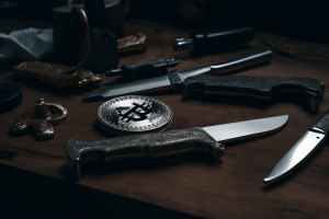 Ambcrypto image of guns and knives on a long brown table with e 3f008edf 8730 4767 9b76 307b0ed899b0 1 e1681339514509.png