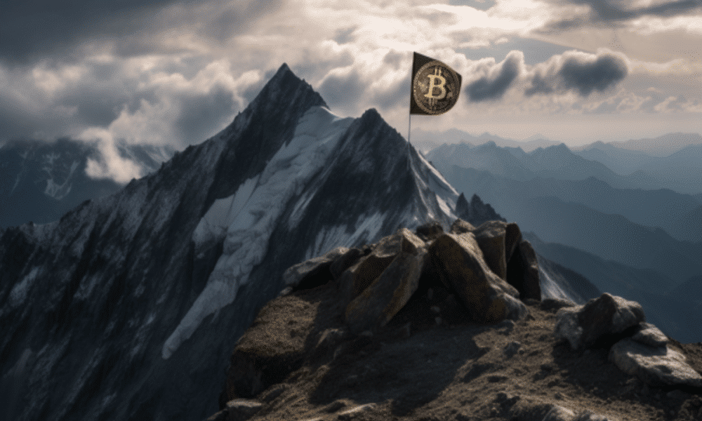 Ambcrypto a glag with the bitcoin logo on a tall mountain. 30953f0c 0e46 4fc6 ae3f 80606f1e4b0a 1200x900 1000x600.png