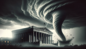 Dall·e 2023 11 02 13.31.15 Photo Of An Impressive Classical Courthouse Its Silhouette Towering Against A Heavy Sky. The Courthouse Exudes A Strong Shimmering Barrier Of Energy.png