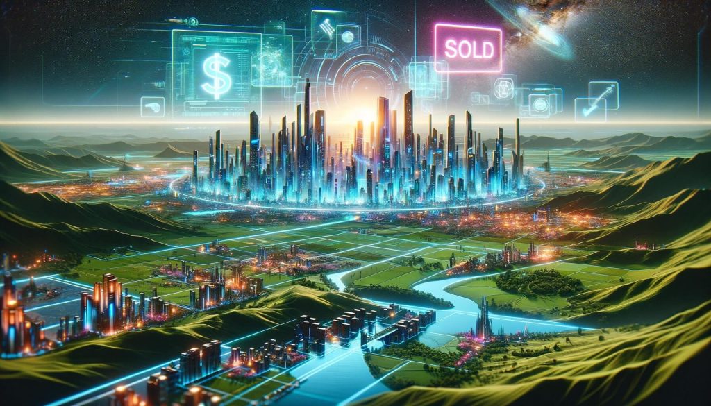 Dall·e 2023 12 05 17.08.33 Visualize A Futuristic Metaverse Landscape In A Wide Landscape Orientation. The Scene Showcases A Vast Sprawling Virtual World Characterized By A M.jpg