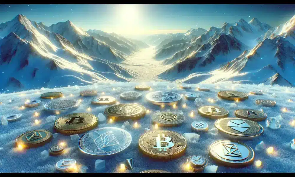 Dall·e 2024 02 23 16.27.50 Visualize A Breathtaking Futuristic Snowclad Mountain Landscape Where The Ground And Slopes Are Dotted With Various Digital Currency Coins Reflecti 1 1000x600.webp.webp